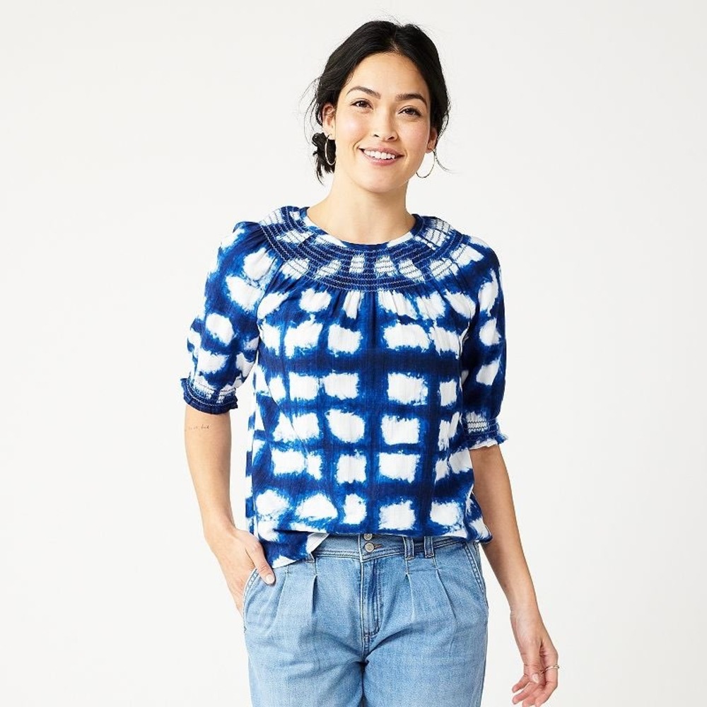 Sonoma Shibori Tie Dye Smocked Blue Blouse Boho Cotton Blend PL